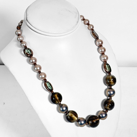 Vintage Jewelry - Artisan Beaded Necklace Lampwork Glass Faux Pearl Mauve Bronze Olive 19 Inch